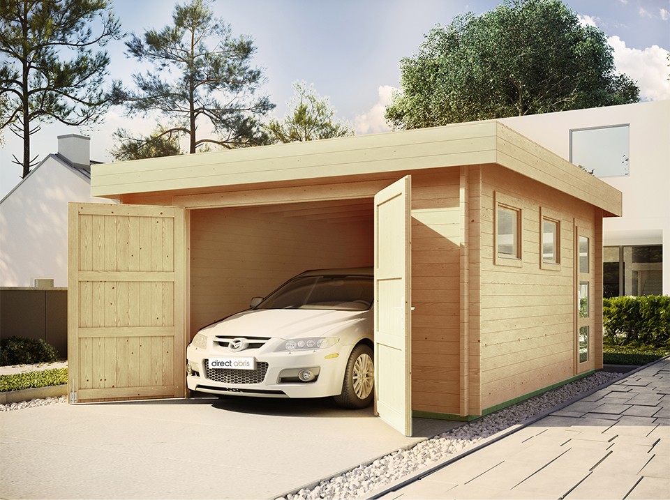 Garage en bois westmount - porte bois - 19,2m² - epaisseur des madriers : 44mm - bandeau de toiture - double vitrage