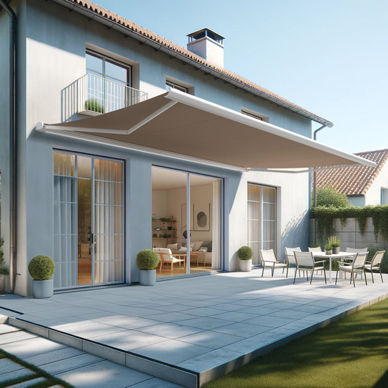 Store banne coffre intégral hevoa 6,00x3,50 m (manuelle - blanc satiné ral9010 - taupe)