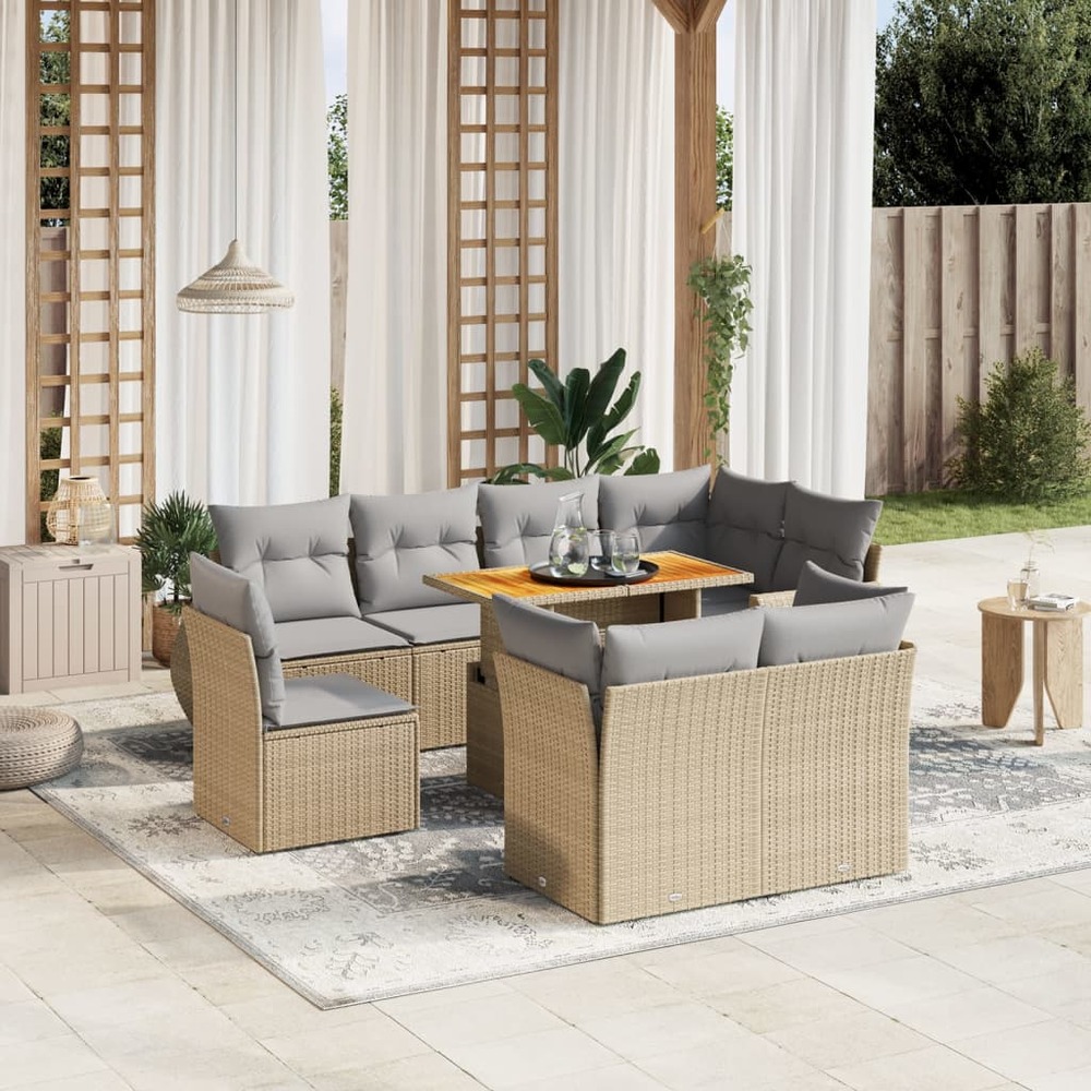 Salon de jardin avec coussins 9 pcs beige résine tressée