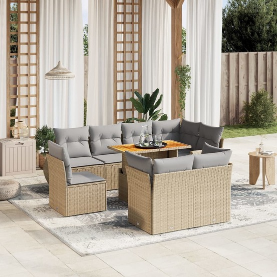 Salon de jardin avec coussins 9 pcs beige résine tressée