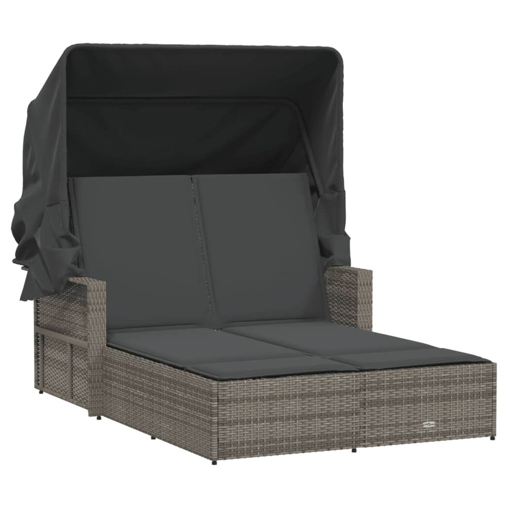 Chaise longue double et auvent et coussins gris résine tressée bain de soleil