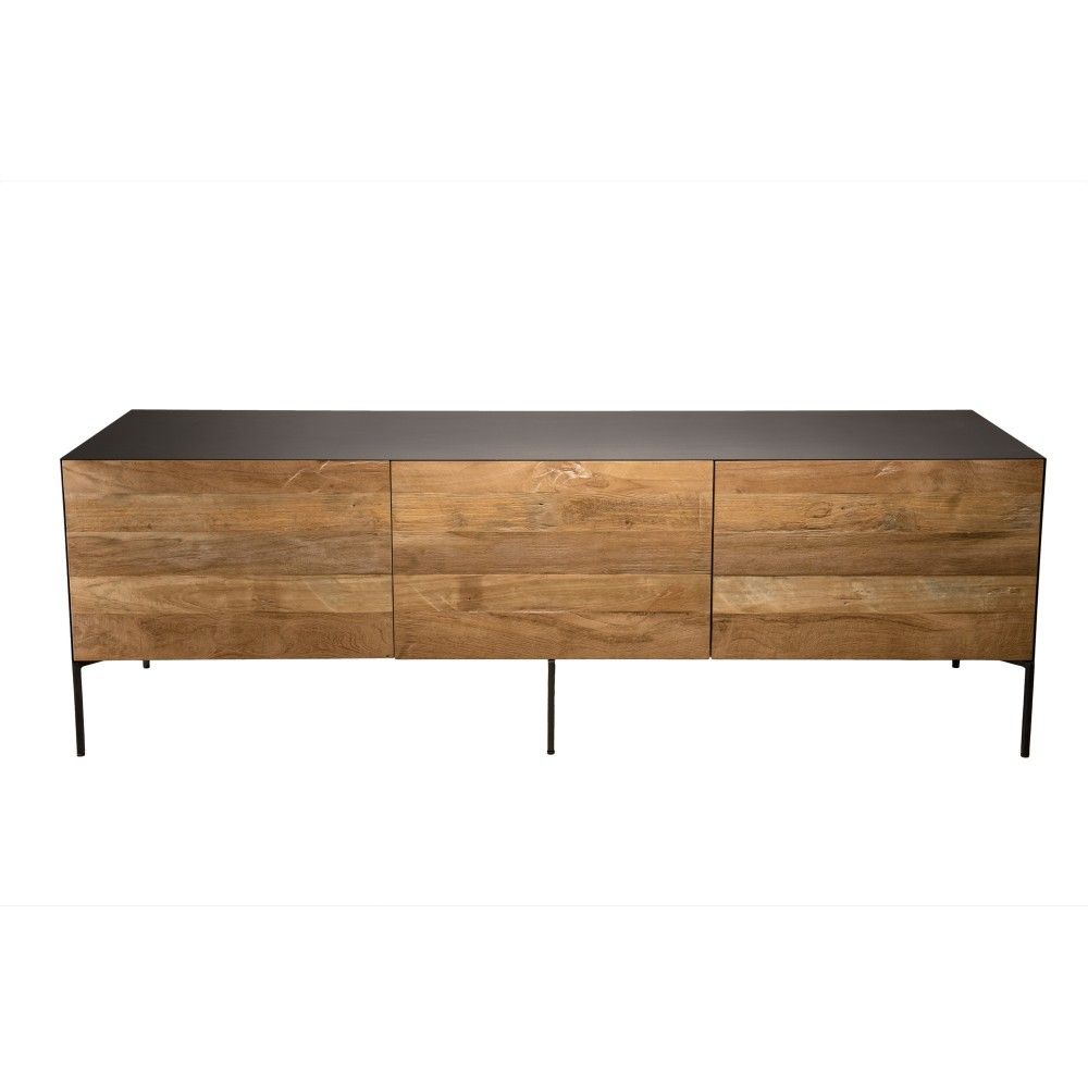 Meuble tv portes tiroir en teck recyclé pieds métal gris anthracite