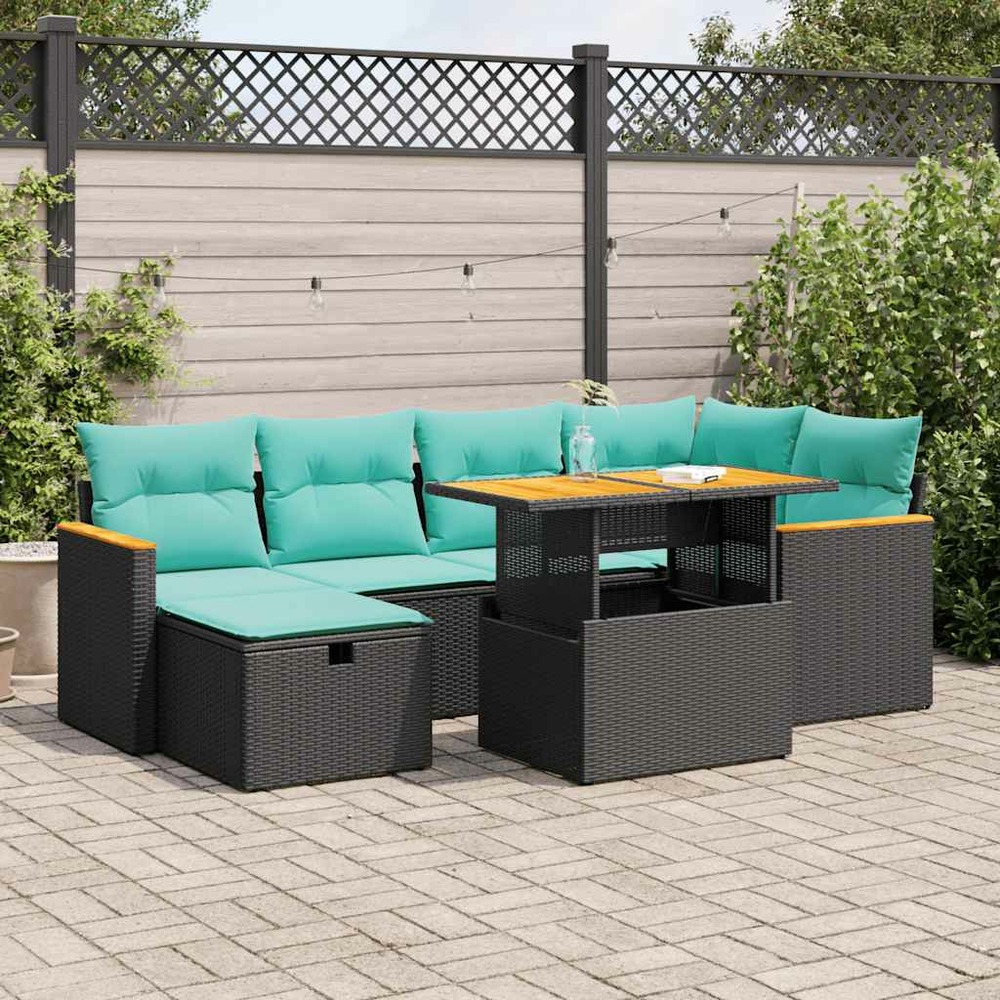 Salon de jardin avec coussins 7pcs marron résine tressée acacia
