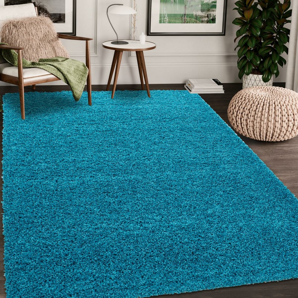 Tapis poils longs shaggy 80x150 rectangle tissé turquoise motif uni uni l