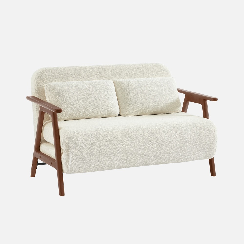 Banquette canapé convertible 2 places bois d'hévéa teinté noyer clair et bouclette texturée l 133 x p 81 x 84cm - sven