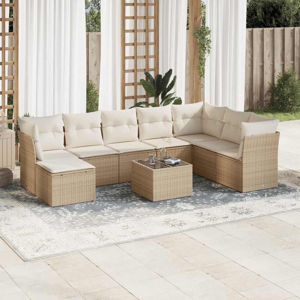 Salon de jardin avec coussins 9 pcs beige résine tressée