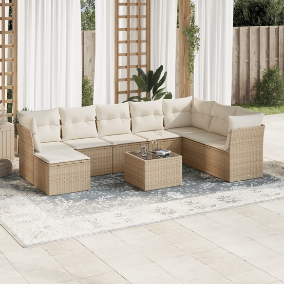 Salon de jardin avec coussins 9 pcs beige résine tressée