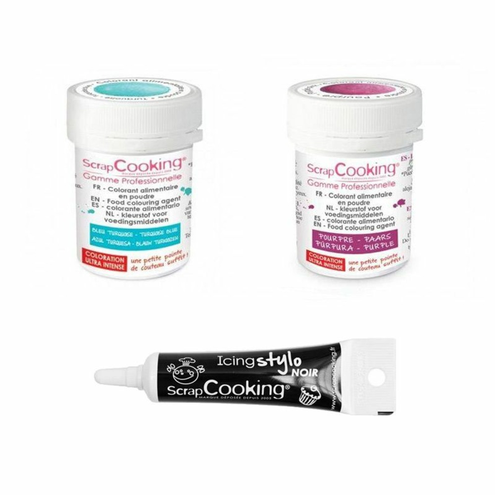 2 colorants alimentaires turquoise-pourpre + stylo glaçage noir