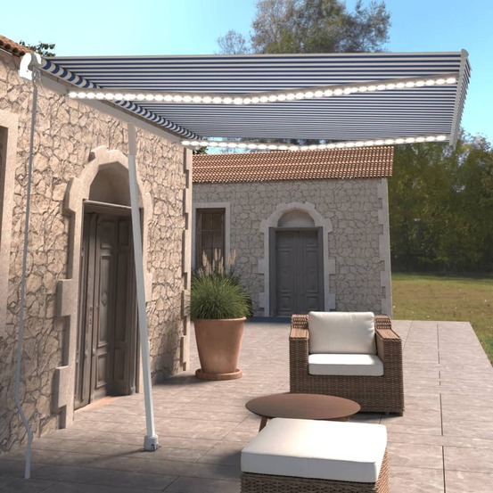 Auvent manuel rétractable avec led 300x250 cm bleu et blanc