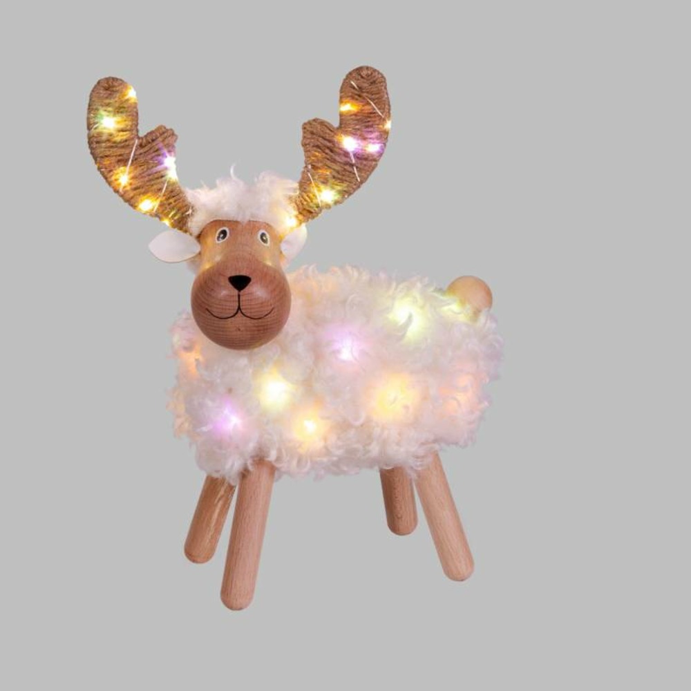 Petit mouton lumineux en bois 50 led blanc chaud et couleur 31cm sur secteur