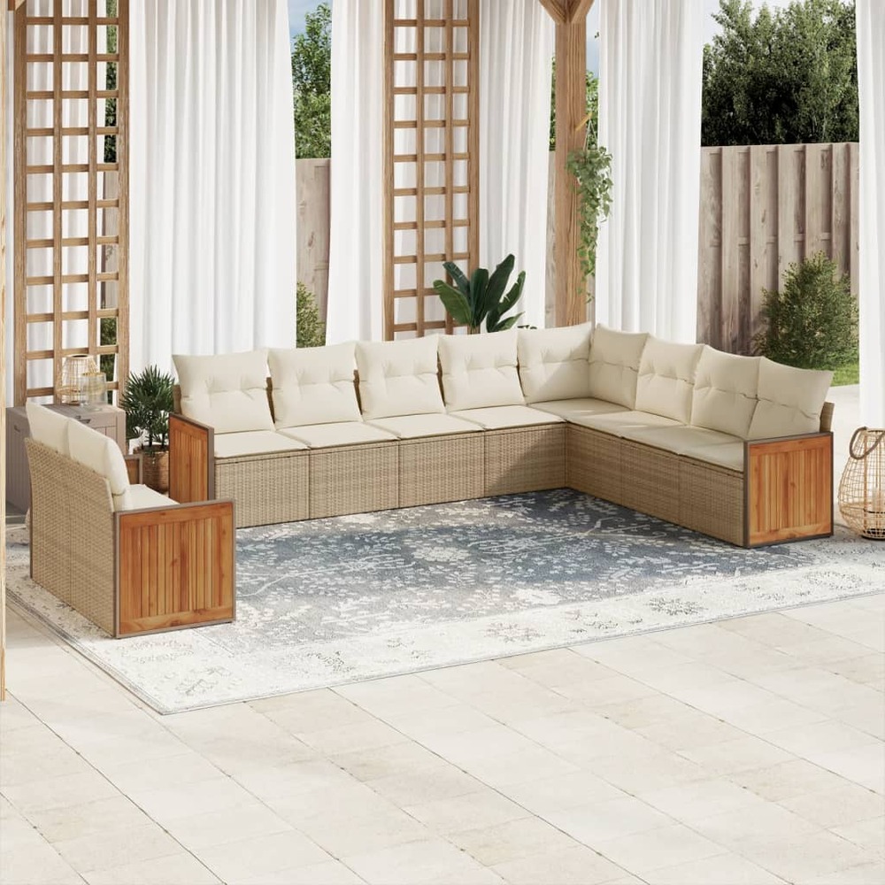 Salon de jardin avec coussins 10 pcs beige résine tressée