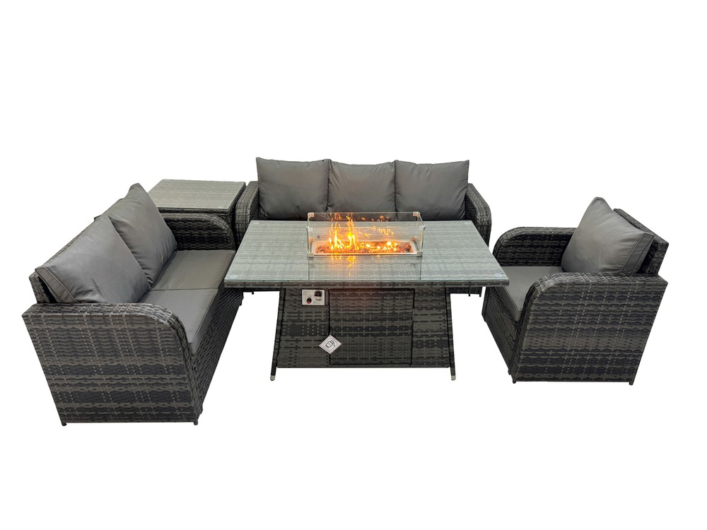 Ensemble salon de jardin extérieur en polyrotin table de foyer à gaz et canapé fauteuil avec table d'appoint