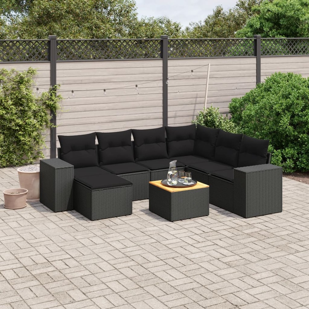 Salon de jardin 8 pcs avec coussins noir résine tressée