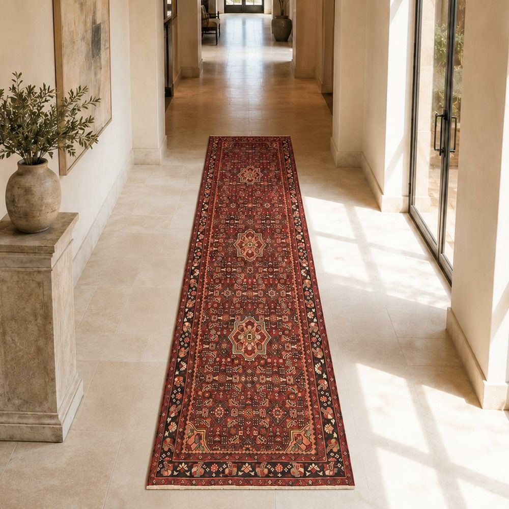 Tapis d'orient 116 x 392 cm, en laine, bordeaux, beige et bleu, hamadan 182