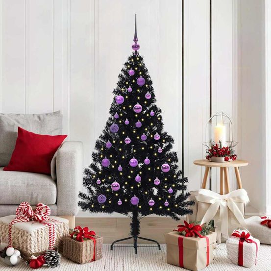 Sapin de noël conique noir 150 cm pré-éclairé 8 modes & boules incluses