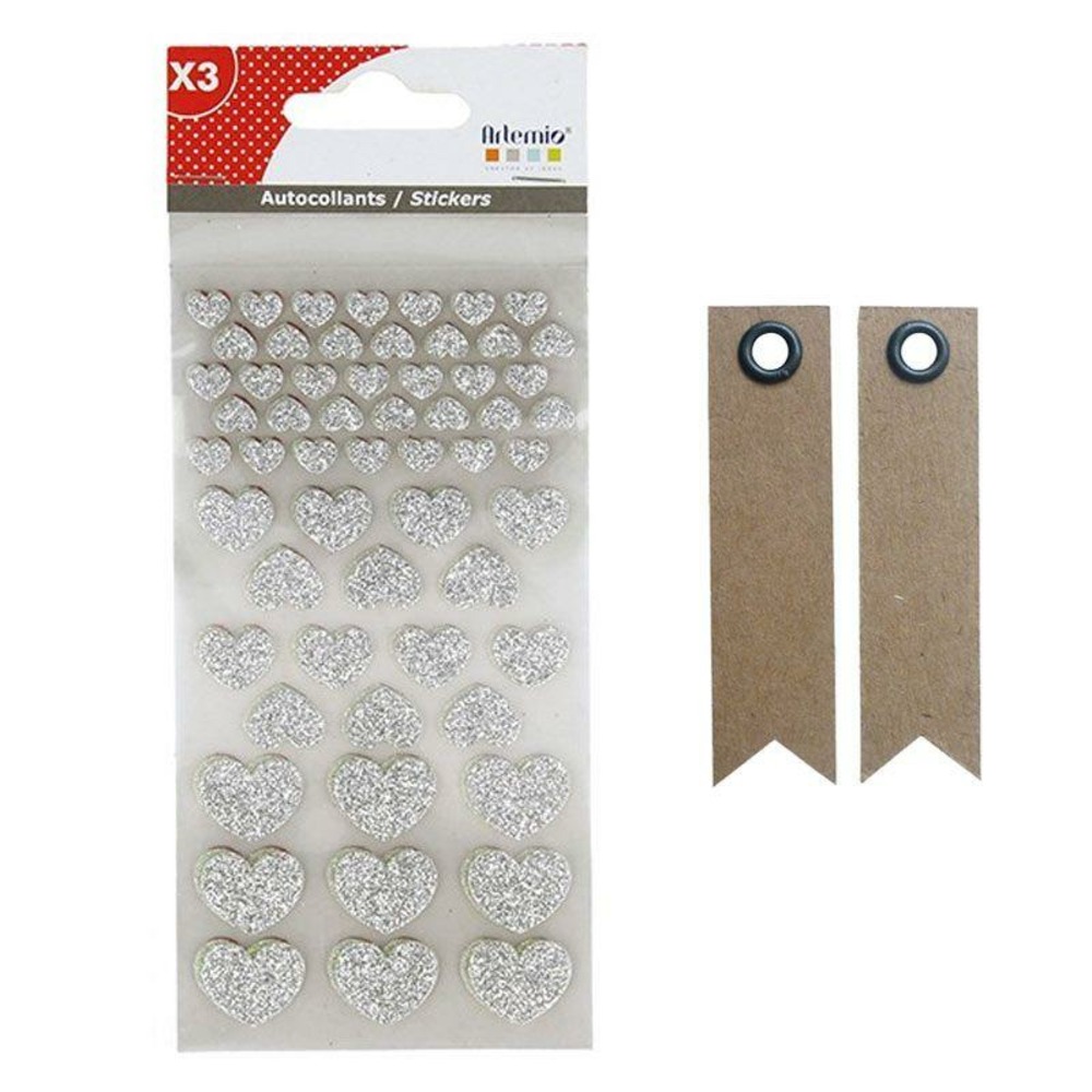 174 stickers coeurs à paillettes argenté-blanc-rouge + 20 étiquettes kraft fanion