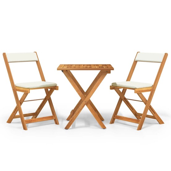 Ensemble de bistro pliable 3 pcs avec coussins acacia solide