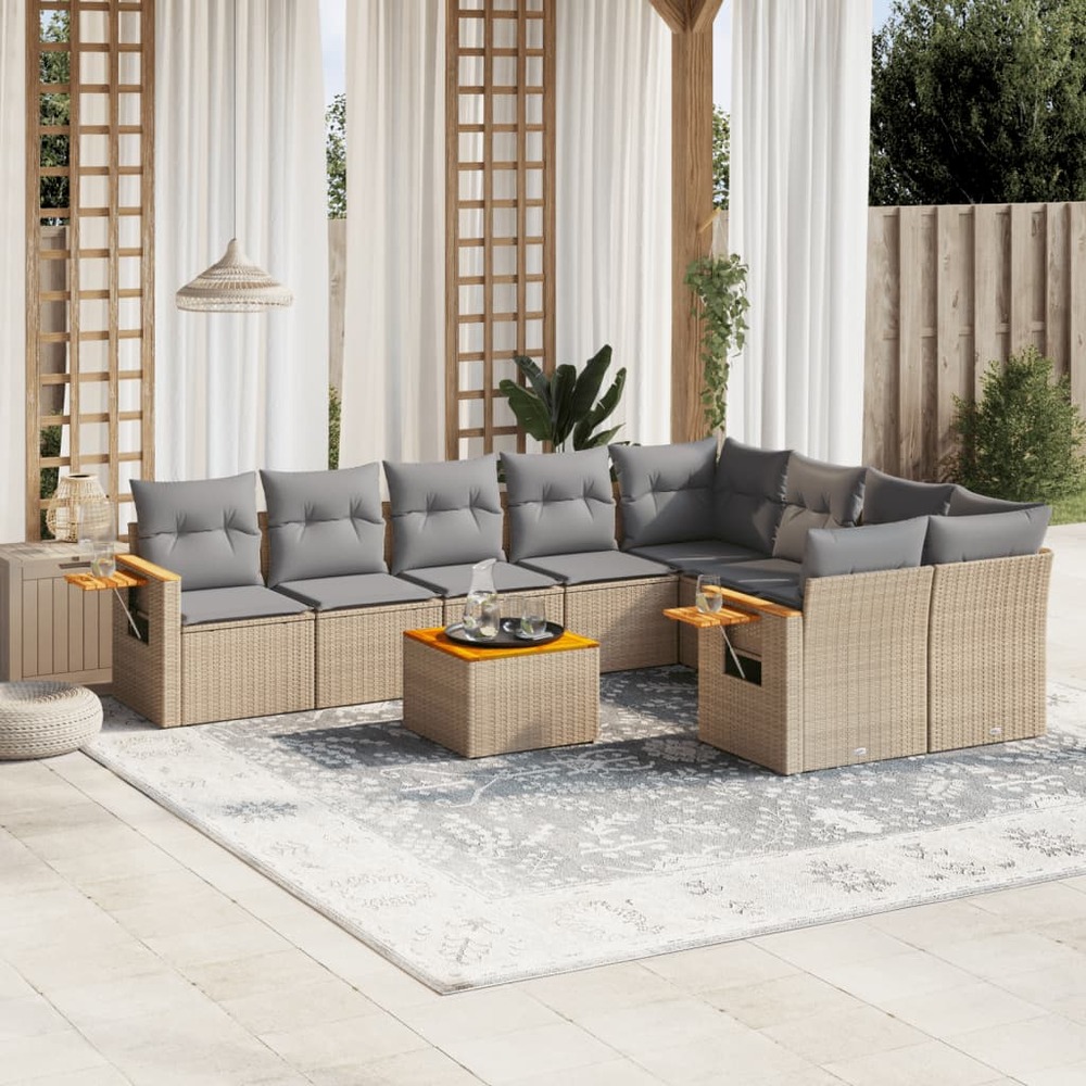 Salon de jardin avec coussins 10 pcs beige résine tressée