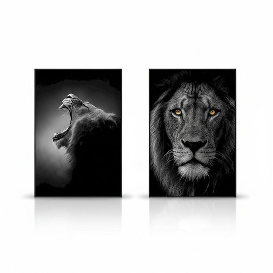 Ensemble 2 tableaux lions verre trempé noir blanc 80x4x120cm
