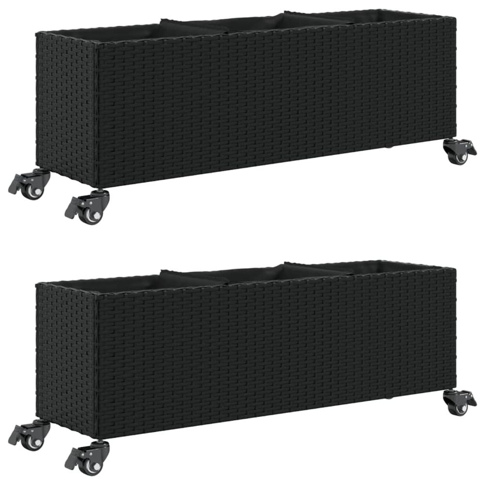 Jardinière d'extérieurs et roulettes 2 pcs noir 107x32x38 cm résine tressée