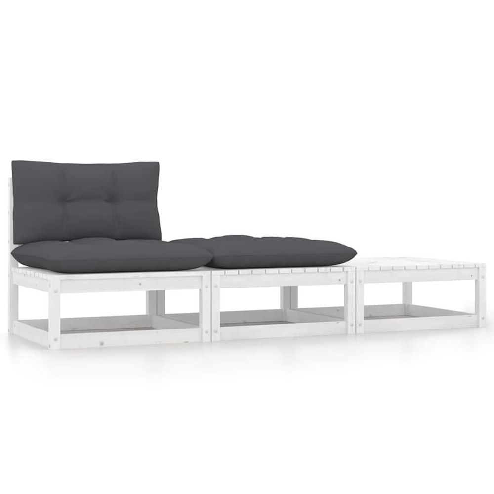 Salon de jardin 3 pcs avec coussins blanc bois de pin massif