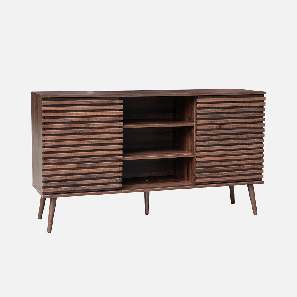 Buffet scandinave décor bois avec 2 portes coulissantes rainurées et 4 étagères, buffet bas, l 140