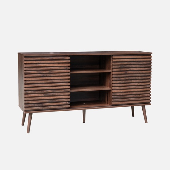 Buffet scandinave décor bois avec 2 portes coulissantes rainurées et 4 étagères, buffet bas, l 140