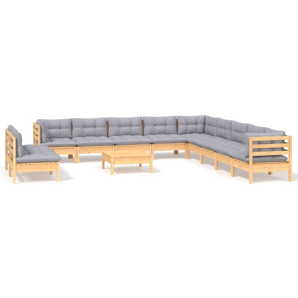 Salon de jardin 12 pcs avec coussins gris bois de pin massif