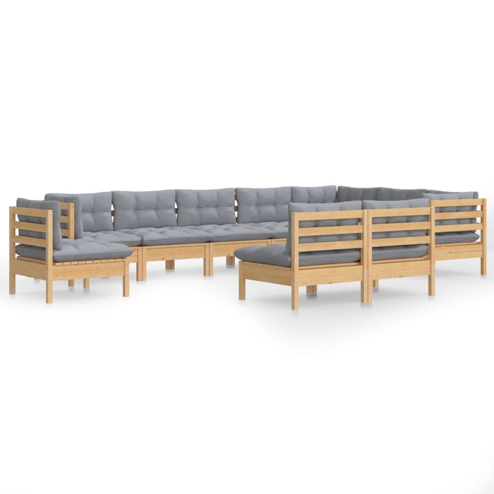 Salon de jardin 10 pcs avec coussins gris bois de pin massif