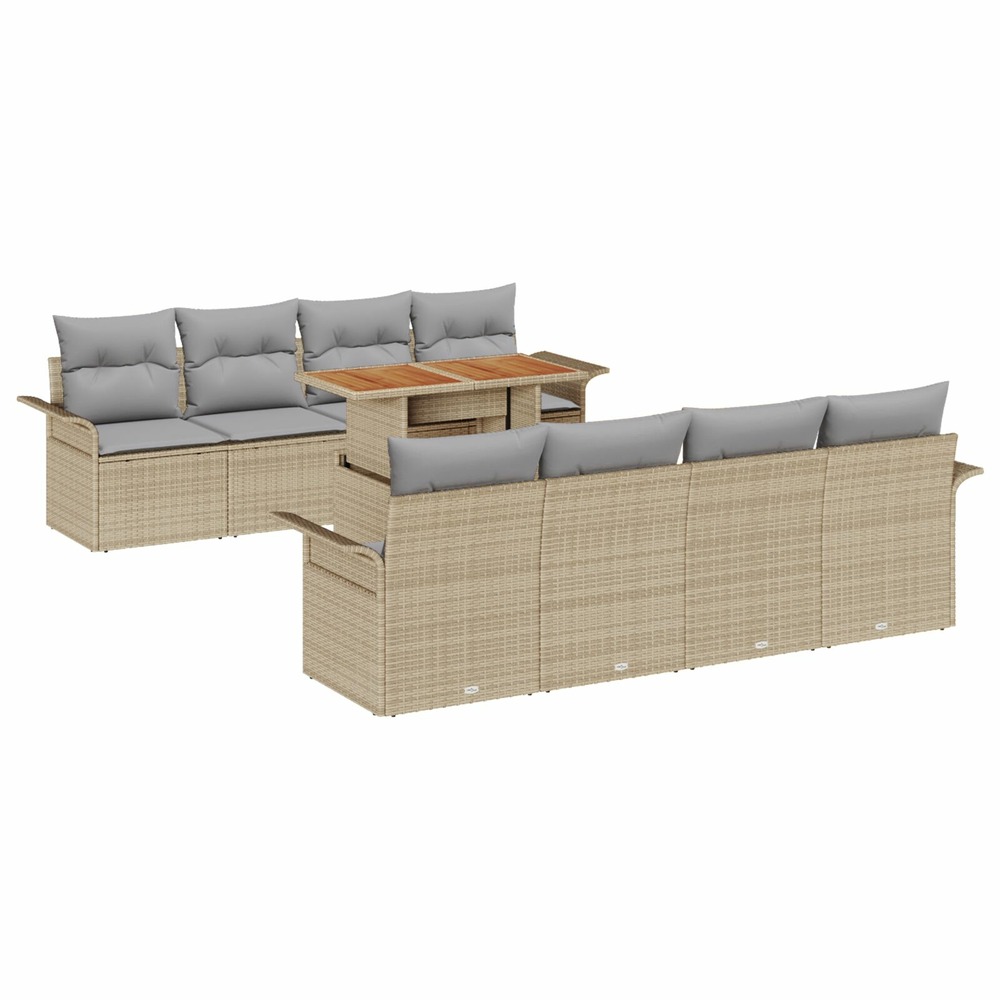 Ensemble de canapés de jardin 9 pièces avec coussins beige rattan acacia