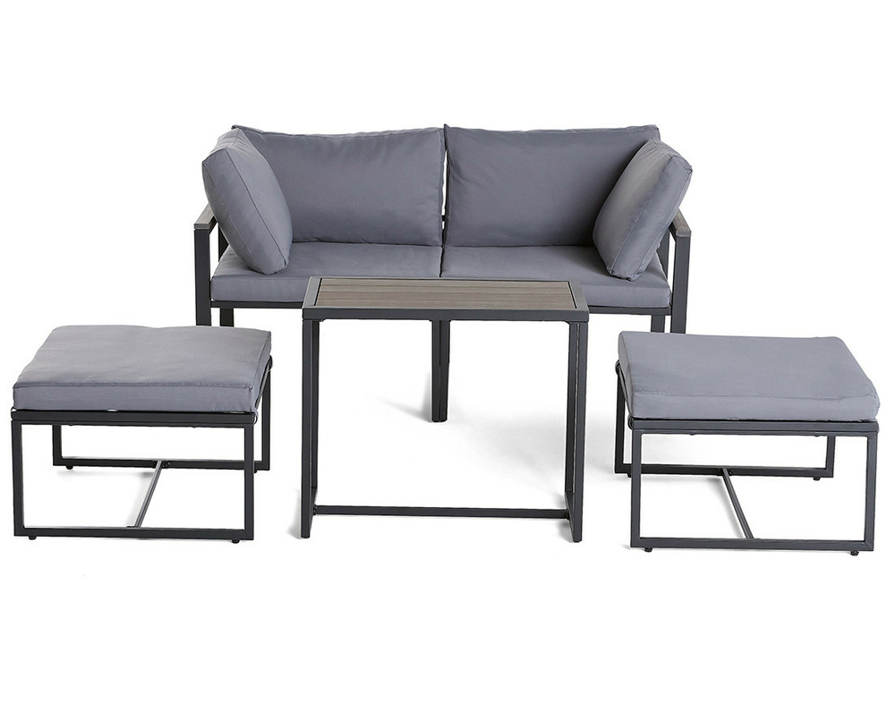 Beyla – salon de jardin modulable en acier noir - 4 places - coussins gris