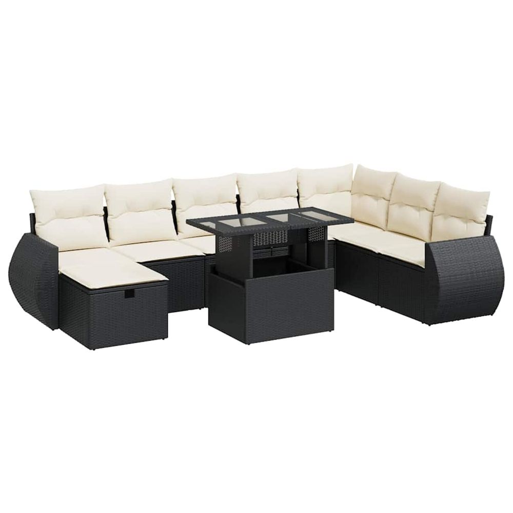 Salon de jardin 9 pcs avec coussins noir résine tressée