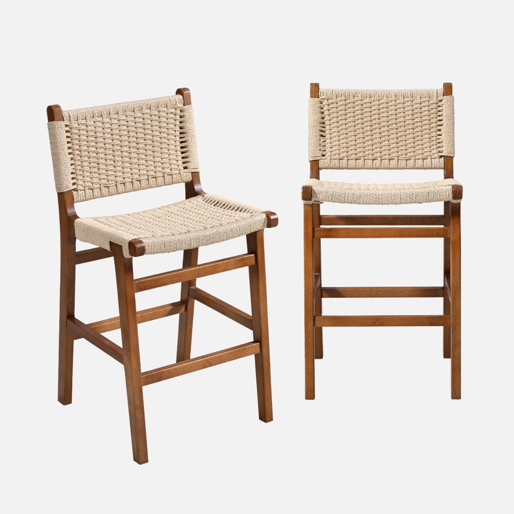 Lot de 2 tabourets de bar en bois d'hévéa et assise en cordes