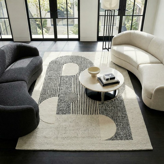 Tapis salon 200x290 fait à la main en laine crème rectangle motif géométrique