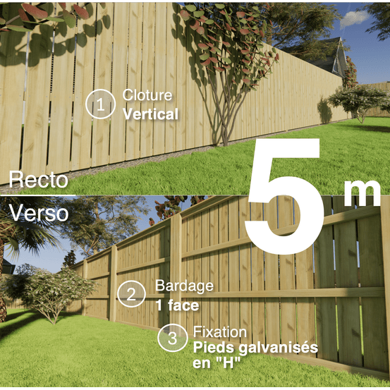 Kit clôture bois moderne 5m – h 1,9m – 21 x 145 mm autoclave vert – pose vertical – simple face – support galva