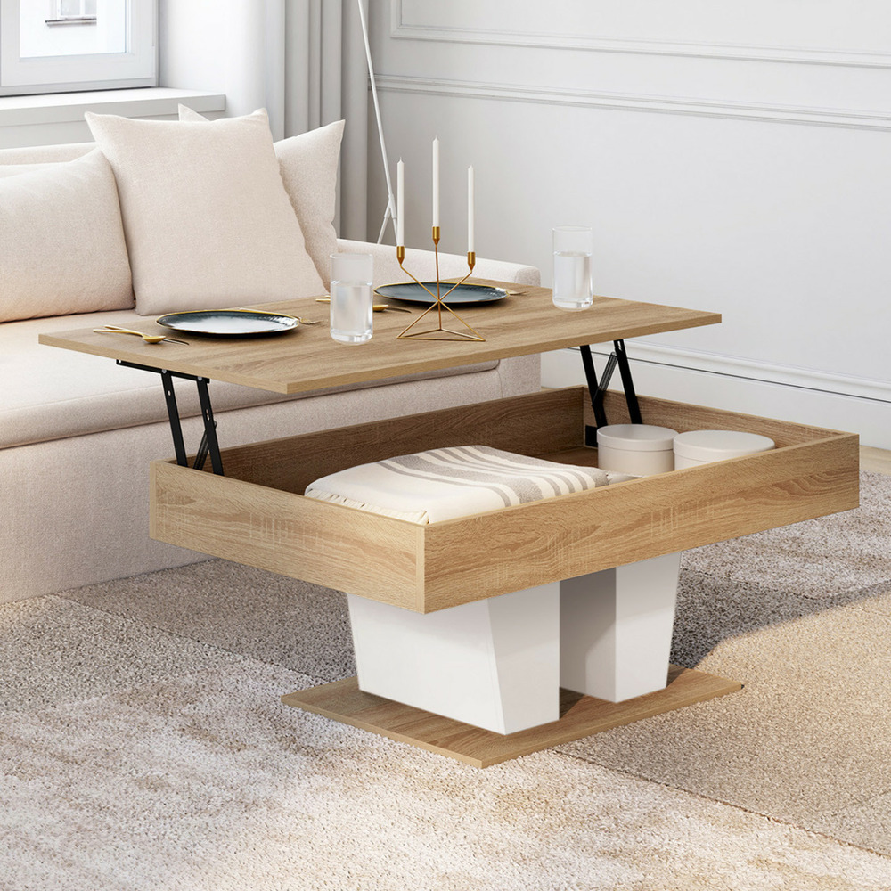 Table basse plateau relevable rectangulaire eliad bois et blanc
