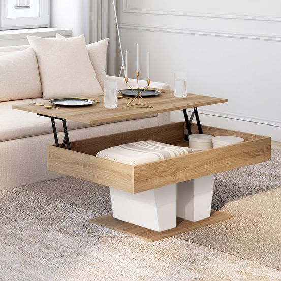 Table basse plateau relevable rectangulaire eliad bois et blanc