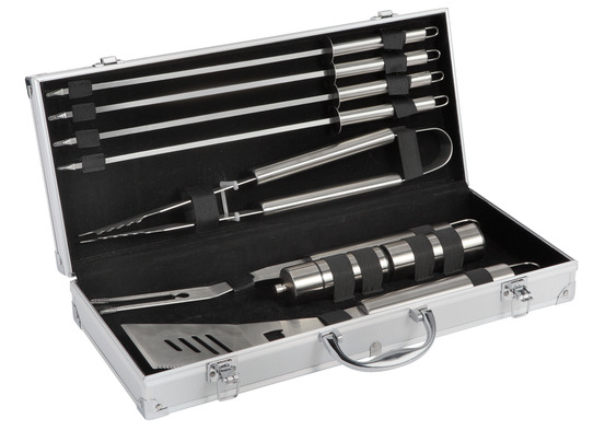 Valisette 9 pièces : fourchette, pince, spatule, 4 pics, sel & poivre