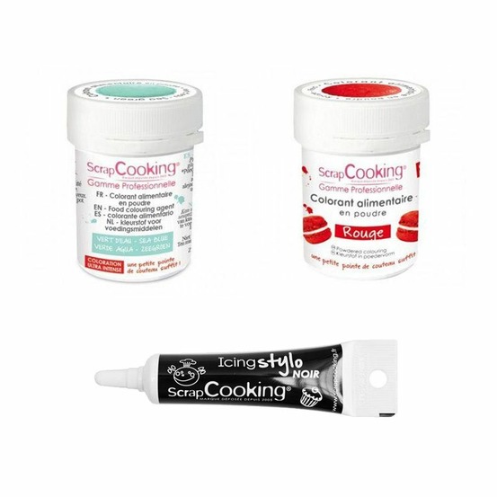 2 colorants alimentaires rouge-vert d'eau + stylo glaçage noir