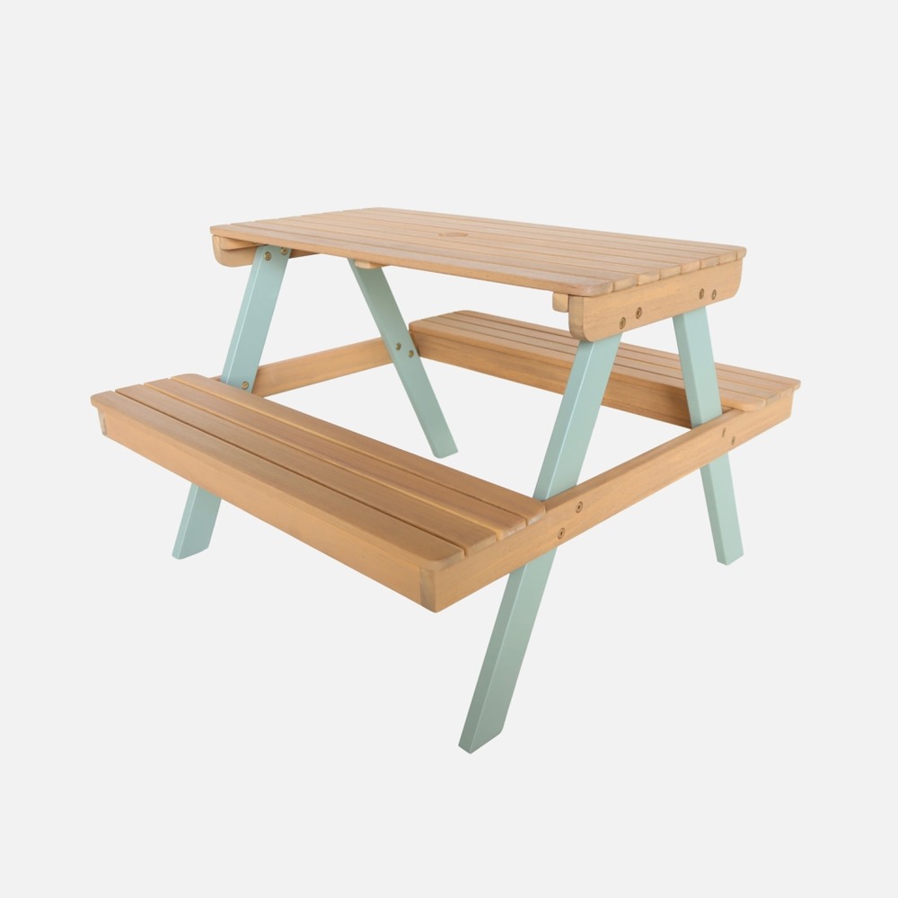 Table de pique-nique en bois d'acacia pour enfant, salon de jardin enfant 2 places, couleur teck clair