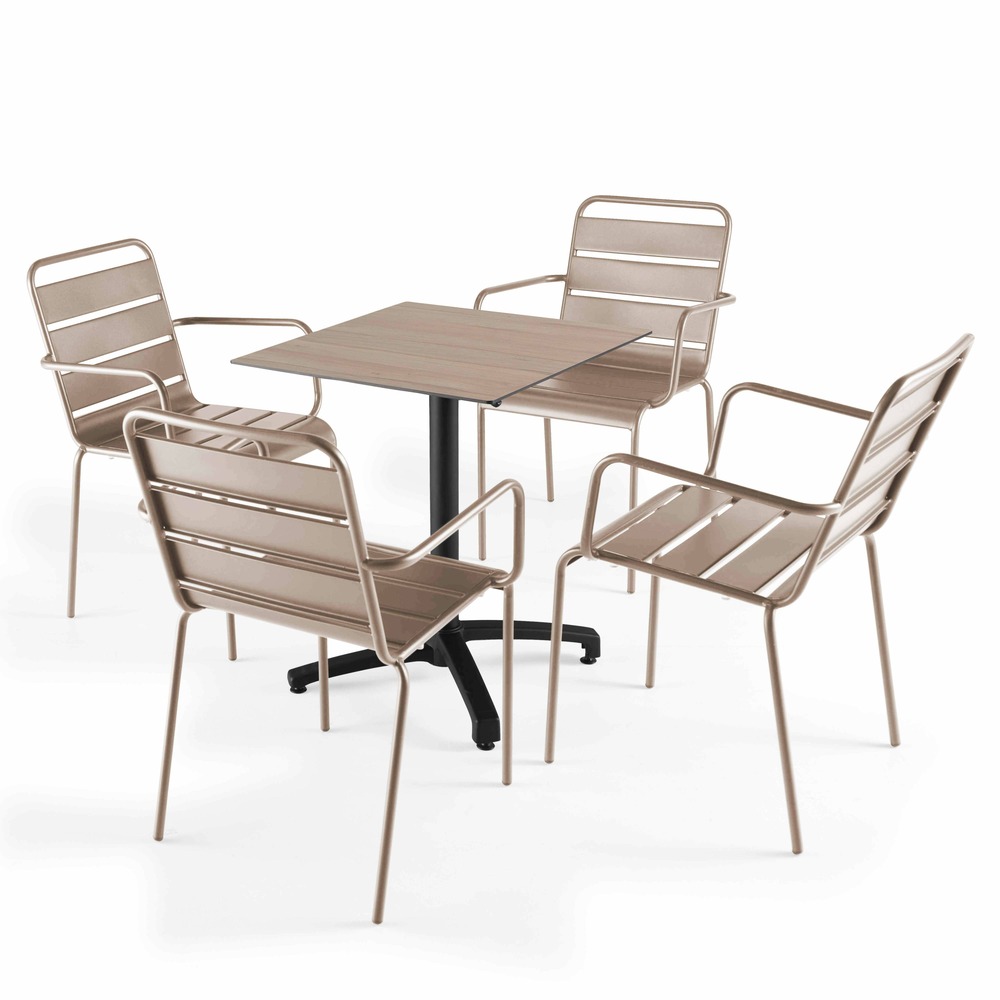 Ensemble table 60 cm chêne clair et 4 fauteuils en métal taupe