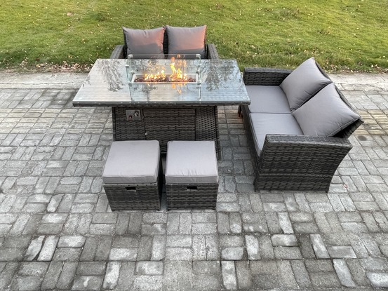 5 pièces mobilier de jardin extérieur en rotin foyer à gaz table à manger canapé set