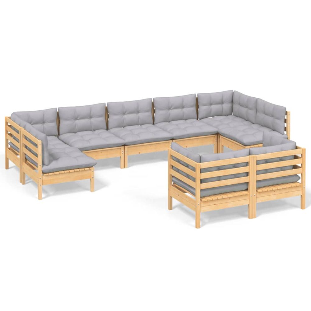 Salon de jardin 9 pcs avec coussins gris bois de pin massif