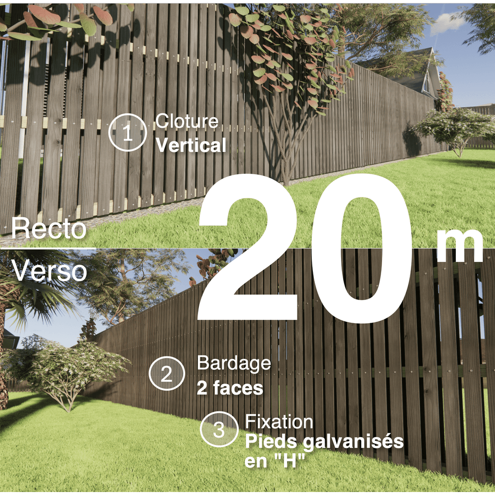Kit clôture bois moderne 20m – h 1,9m – 20 x 70 mm noir par trempage – pose vertical – double face – support galva
