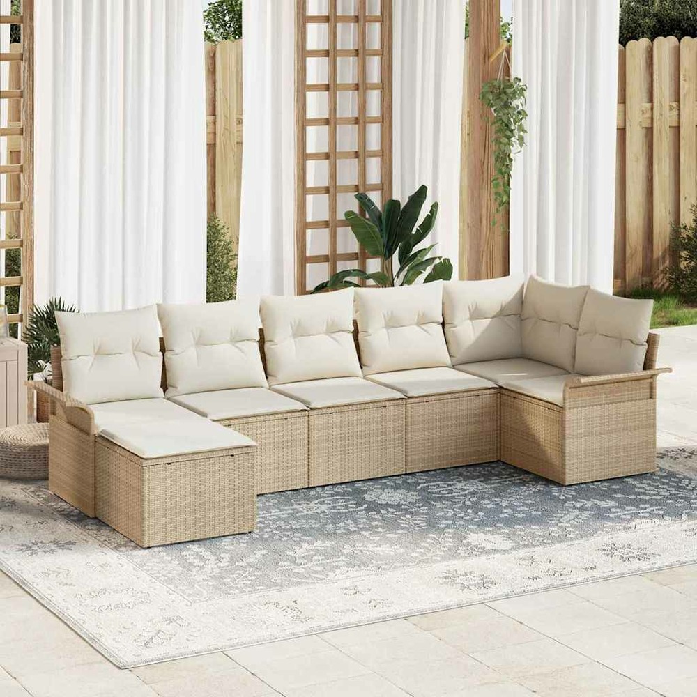 Ensemble de canapé de jardin avec coussin 7 pcs beige polyrotin