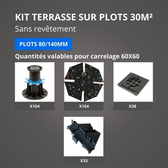 Kit terrasse sur plots sans revêtement 30m² - sans profilé - 80/140 mm - jouplast
