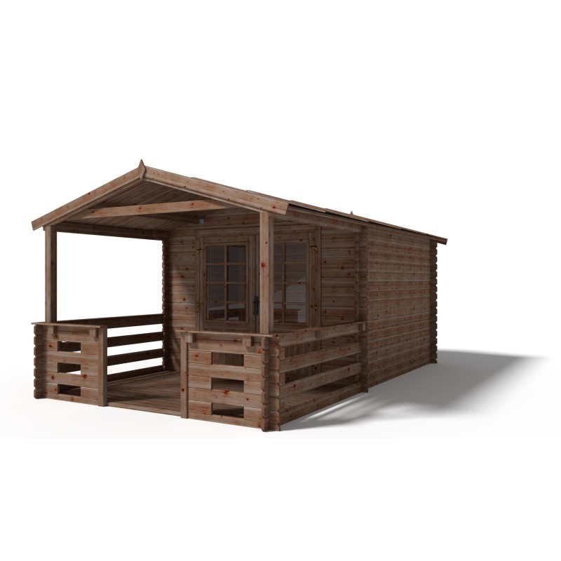 Abri de jardin en bois - 3x3 m - 15 m2 + terrasse avec balustrade et avant-toit en bois - traité