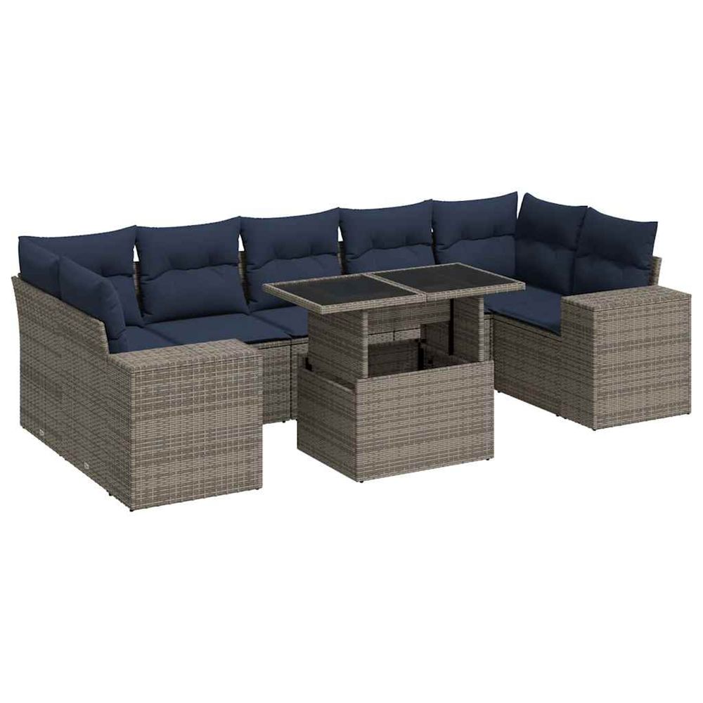 Salon de jardin avec coussins 8 pcs gris résine tressée acacia