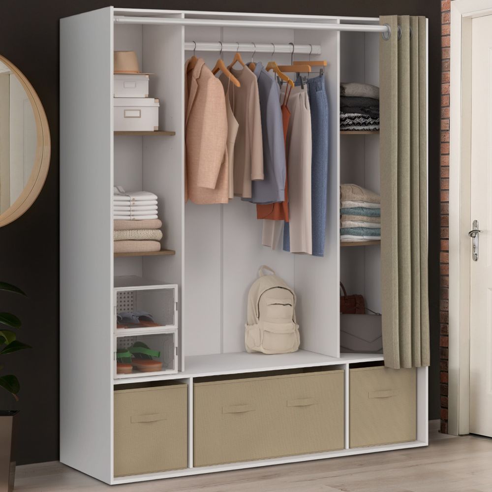 Dressing double penderie diane 140 x 45 x 167 cm blanc avec étagères + boites de rangement + rideau taupe