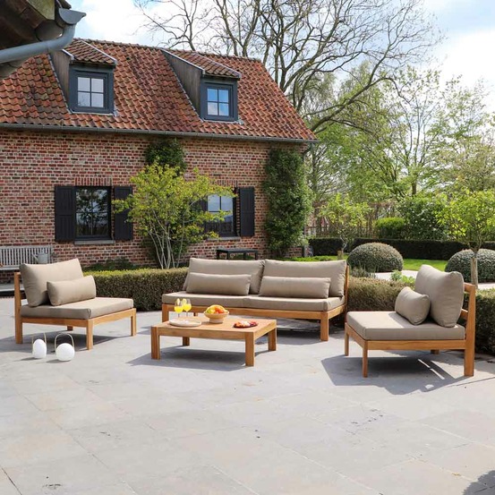Canapé de jardin en teck massif et tissu taupe touquet